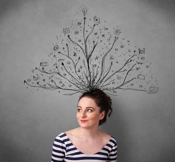 Ung kvinna med trassliga linjer kommer från hennes huvud — Stockfoto