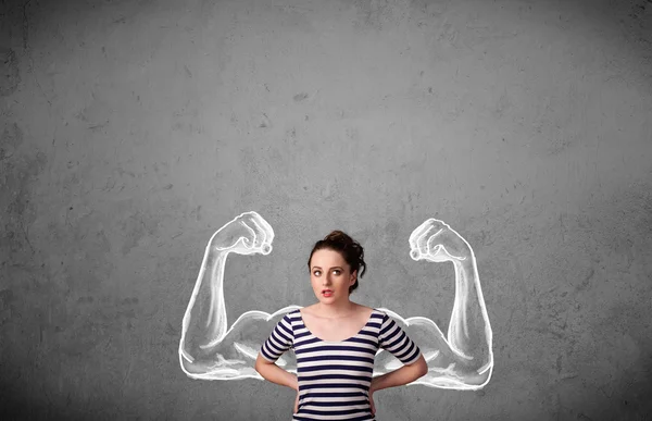 Young woman with strong muscled arms — Stock Photo, Image