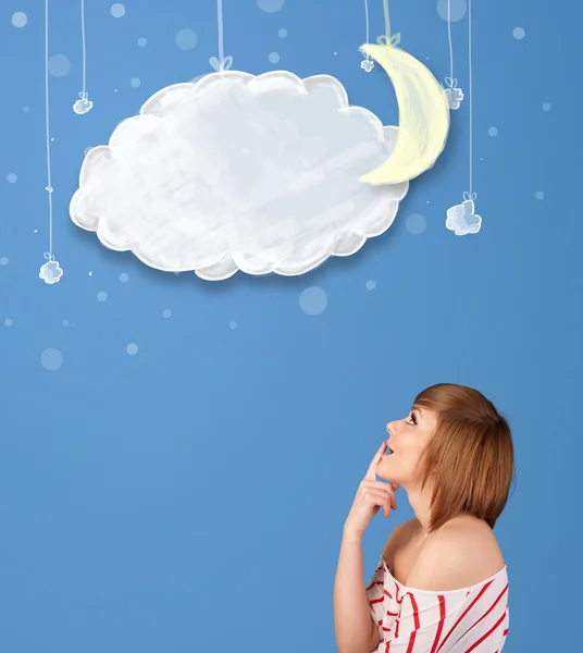 Junges Mädchen blickt auf Cartoon-Nacht Wolken mit Mond — Stockfoto