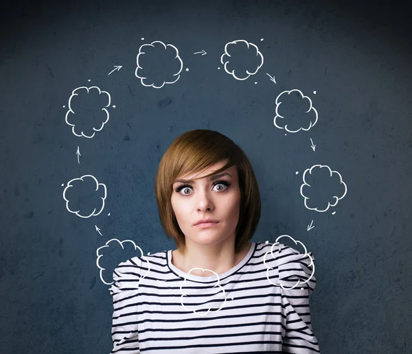 Young woman thinking with cloud circulation around her head — Stock Photo, Image