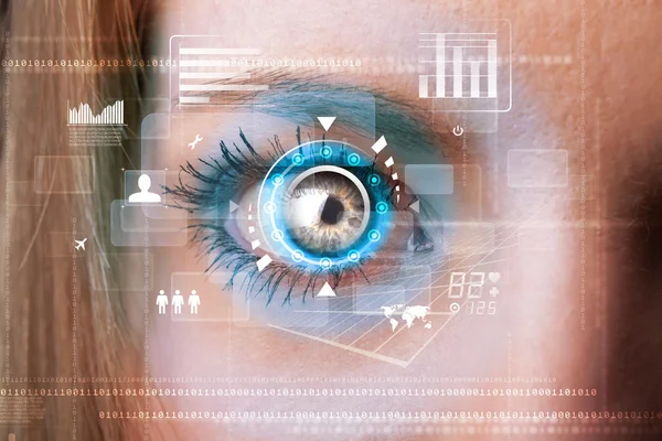 Toekomstige vrouw met cyber technologie oog deelvenster concept — Stockfoto