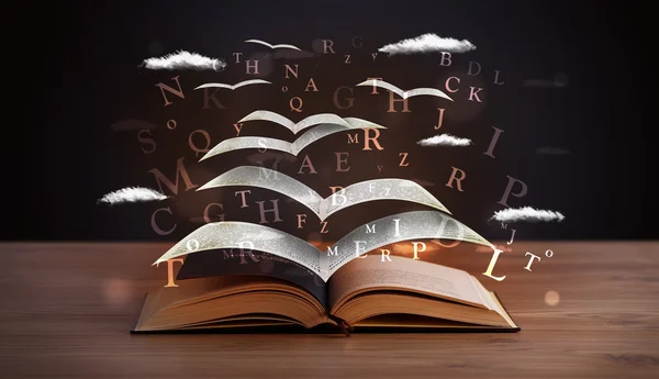 Pages and glowing letters flying out of a book — Stock Photo, Image