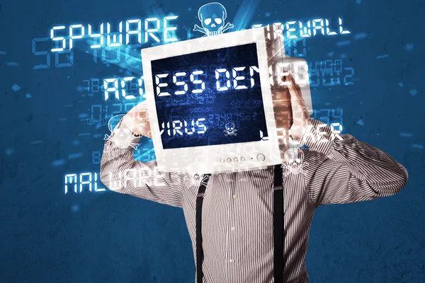 Monitor head person with hacker type of signs on the screen — Stock Photo, Image