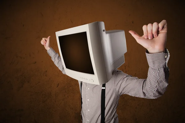 Uomo d'affari con un monitor in testa e spazio vuoto marrone — Foto Stock