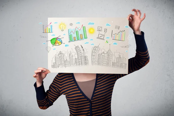 Woman holding a paper with charts and cityscape in front of her — Stock Photo, Image