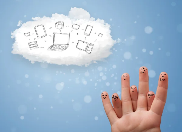 Happy smiley fingers looking at cloud computing with technology — Stock Photo, Image