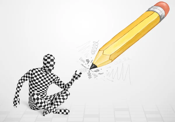 Facet w masce z dużą ręką rysowane ołówek — Zdjęcie stockowe
