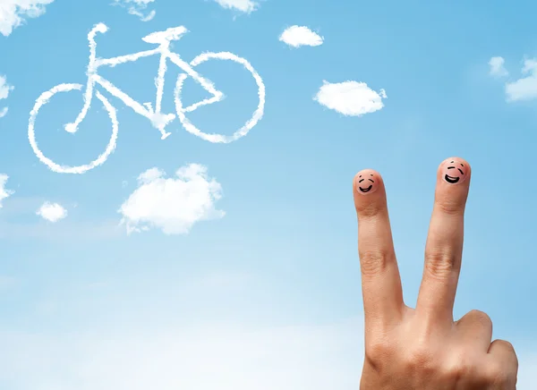 Felices dedos sonrientes mirando una nube en forma de bicicleta — Foto de Stock