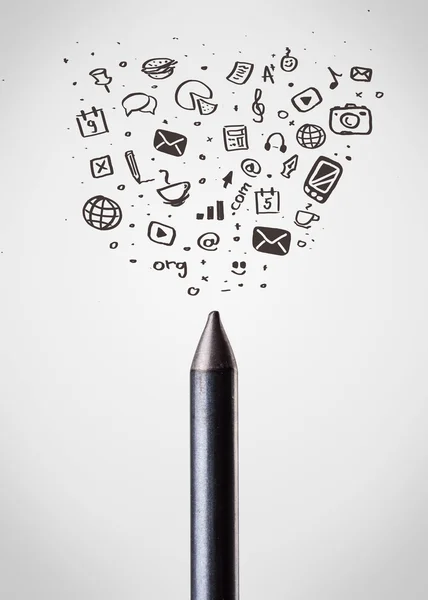 Crayon close-up with social media icons — Stock Photo, Image