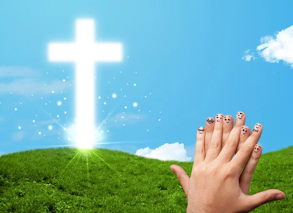 Happy finger smileys with christian religion cross — Stock Photo, Image