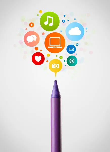 Pencil close-up with social network icons — Stock Photo, Image