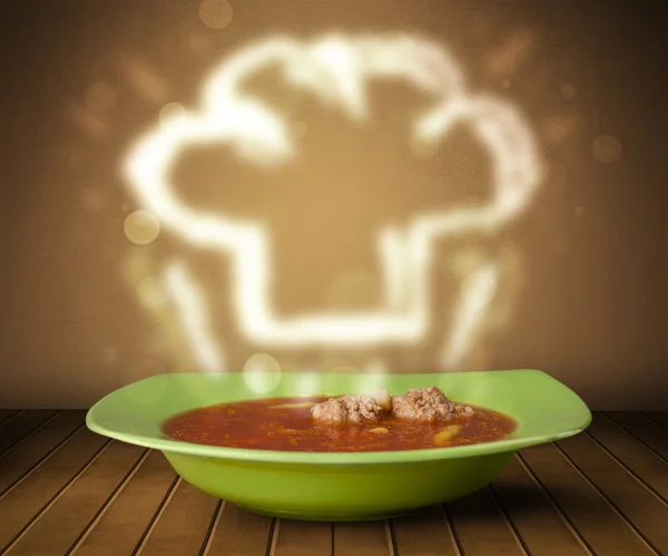 Cuenco de sopa con chef cocinero sombrero de vapor ilustración —  Fotos de Stock