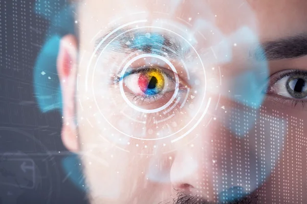 Futuristic modern cyber man with technology screen eye panel — Stock Photo, Image