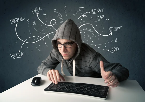 Young hacker with white drawn line thoughts Royalty Free Stock Images
