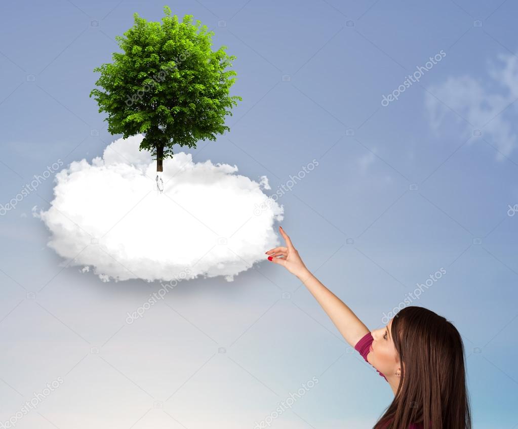 Young girl pointing at a green tree on top of a white cloud
