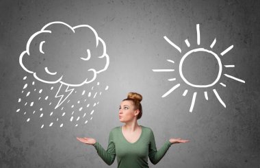 bir güneş ve yağmur çizme arasında duran kadın