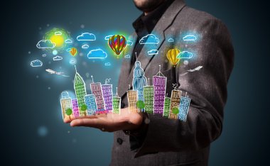 genç işadamı renkli el sunan Büyükşehir CI çizilmiş