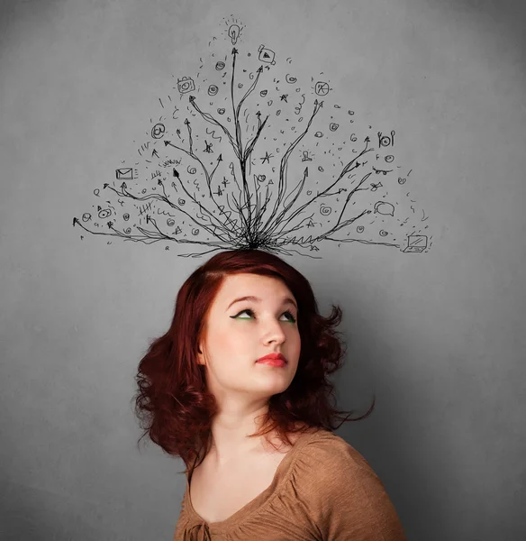 Ung kvinna med trassliga linjer kommer från hennes huvud — Stockfoto