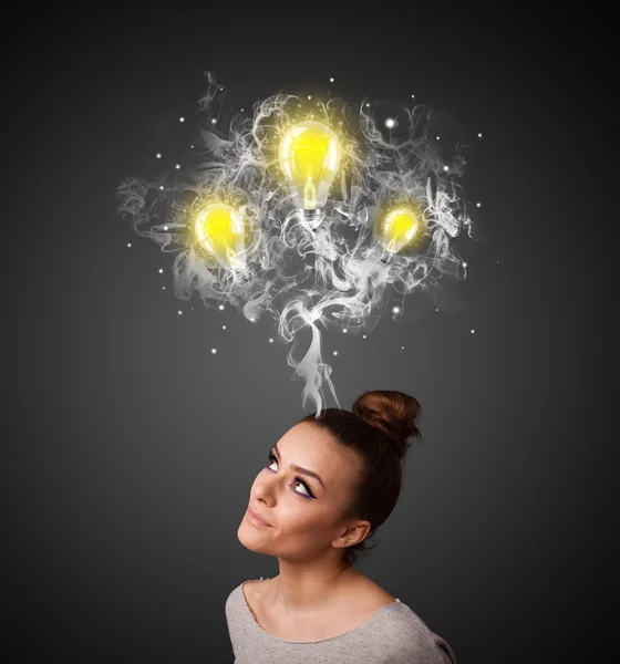 Thoughtful woman with smoke and lightbulbs above her head — Stock Photo, Image