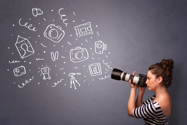 Fotograaf meisje schieten fotografie pictogrammen — Stockfoto