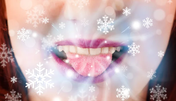 Pretty woman mouth blowing cold breeze — Stock Photo, Image