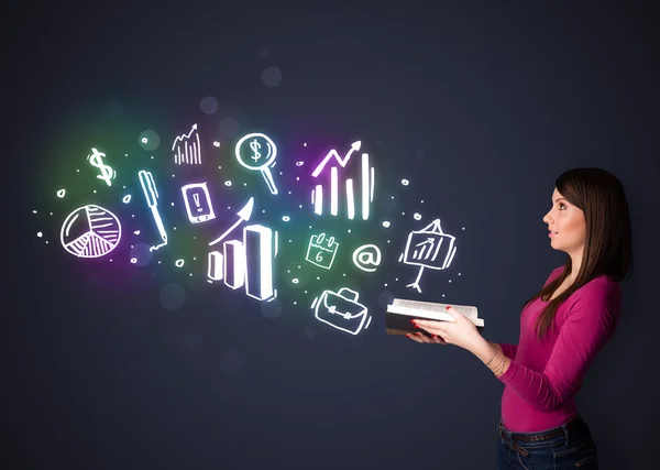 Young lady reading a book with business icons — Stock Photo, Image