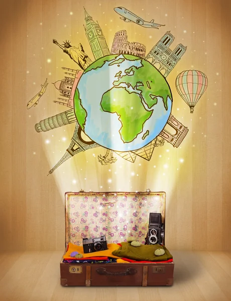 Luggage with travel around the world illustration concept — Stock Photo, Image