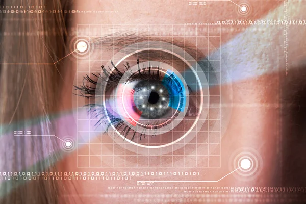 Cyber woman with technolgy eye looking — Stock Photo, Image