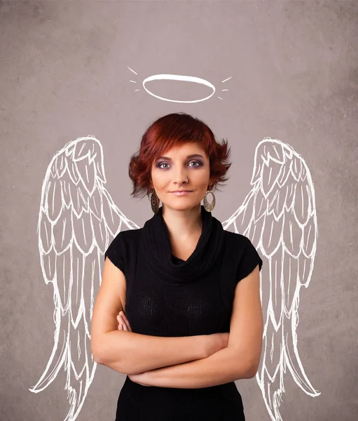 Cute girl with angel illustrated wings — Stock Photo, Image