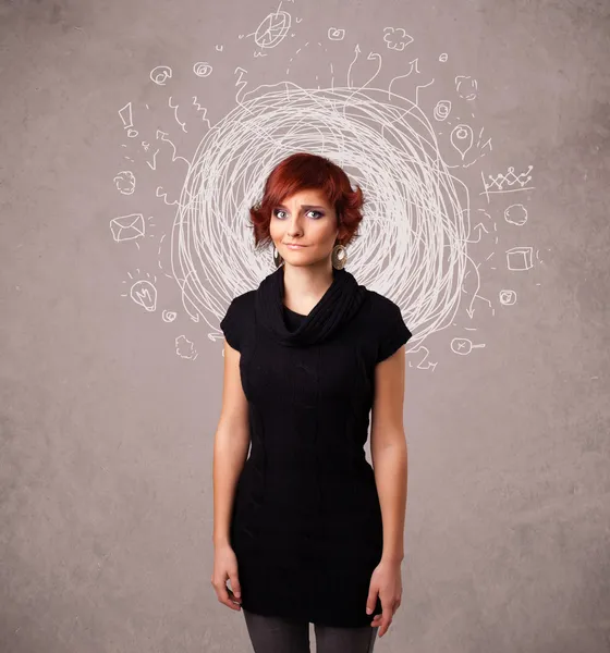 Pretty young girl with abstract circular doodle lines and icons — Stock Photo, Image