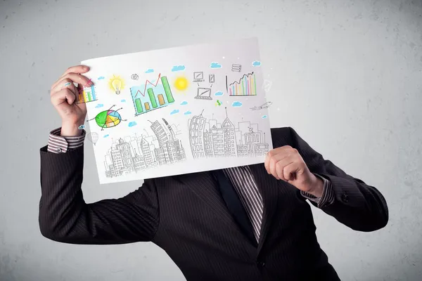 Businessman holding a paper with charts and cityscape in front o — Stock Photo, Image