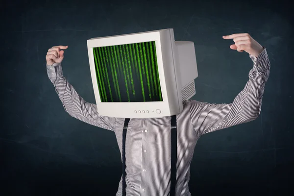 Cyber human with a monitor screen and computer code on the displ — Stock Photo, Image