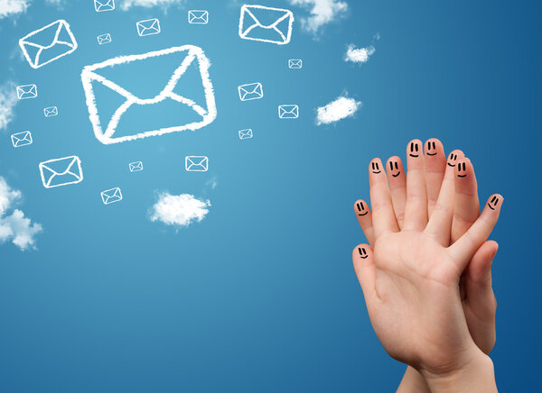 Happy smiley fingers looking at mail icons made out of clouds