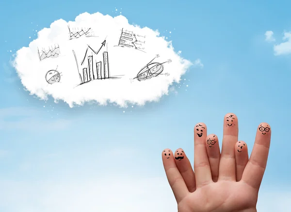 Happy smiley fingers looking at cloud with hand drawn charts — Stock Photo, Image