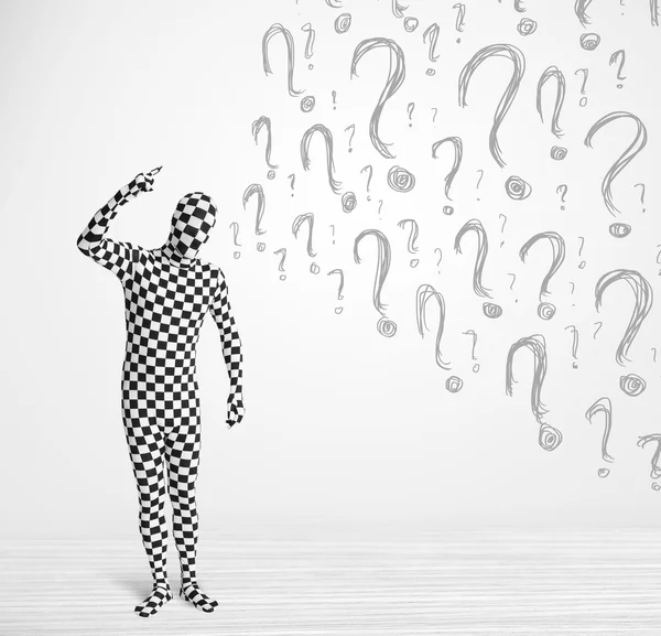 3d human character is body suit looking at hand drawn question m — Stock Photo, Image