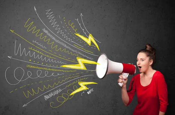 Cute girl shouting into megaphone with hand drawn lines and arro — Stock Photo, Image