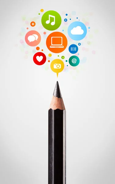 Pencil close-up with social network icons — Stock Photo, Image