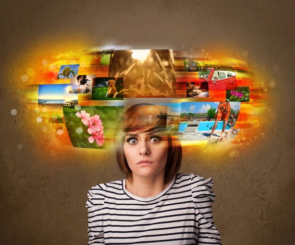 Girl with colorful glowing photo memories concept — Stock Photo, Image