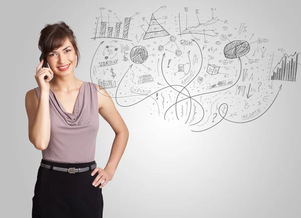 Business girl presenting hand drawn sketch graphs and charts — Stock Photo, Image