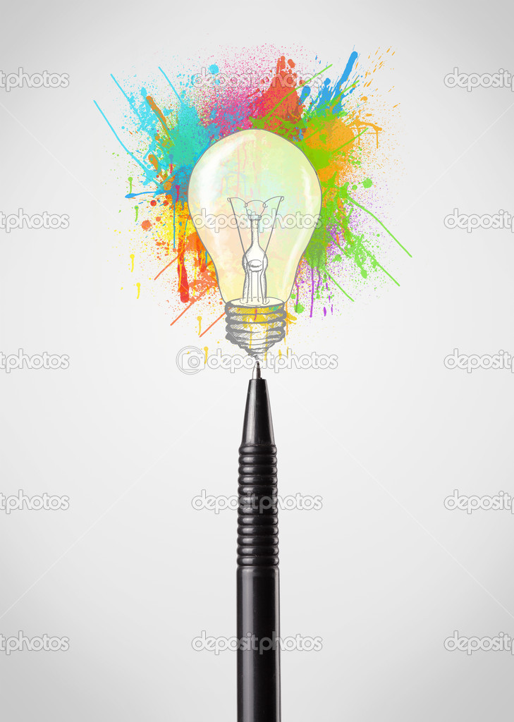 Pen close-up with colored paint splashes and lightbulb