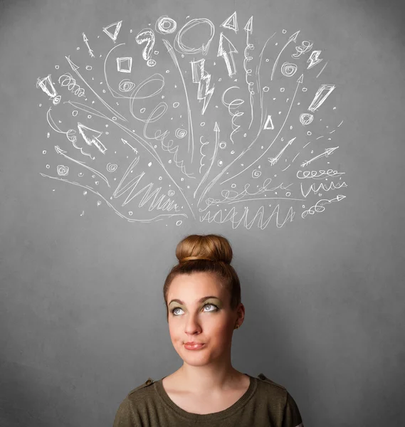 Young woman thinking with sketched arrows above her head — Stock Photo, Image