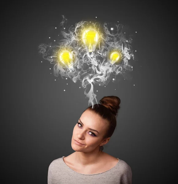 Thoughtful woman with smoke and lightbulbs above her head — Stock Photo, Image