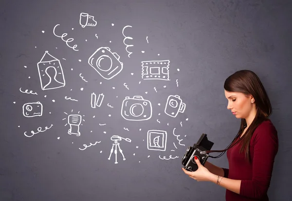 Photographer girl shooting photography icons — Stock Photo, Image