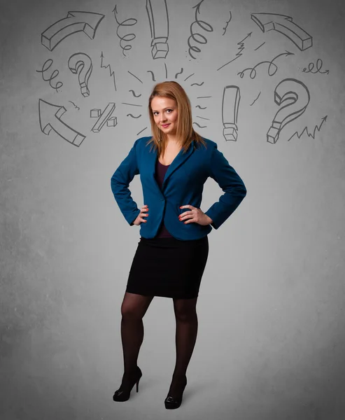 Cute young girl with question sign doodles — Stock Photo, Image