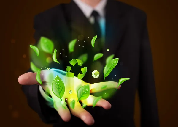 Young businessman presenting eco green leaf recycle energy conce — Stock Photo, Image