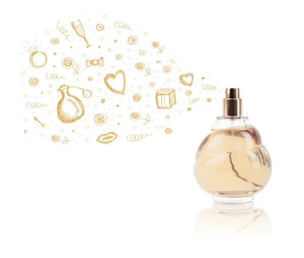 Sketches coming out from beautiful perfume bottle — Stock Photo, Image