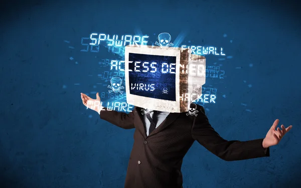 Monitor head person with hacker type of signs on the screen — Stock Photo, Image