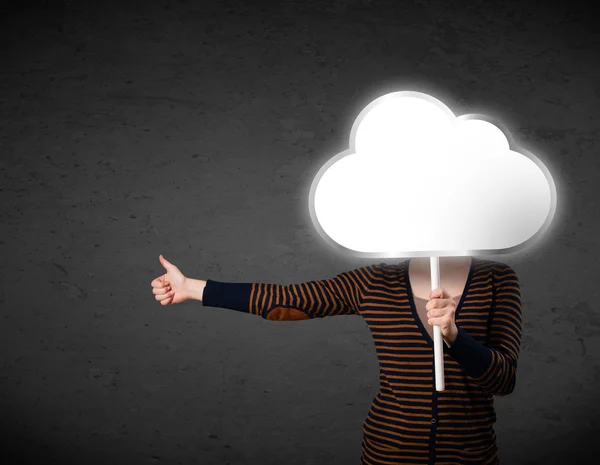 Young woman holding a cloud — Stock Photo, Image