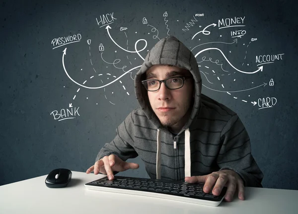Jovem hacker com pensamentos linha desenhada branca — Fotografia de Stock