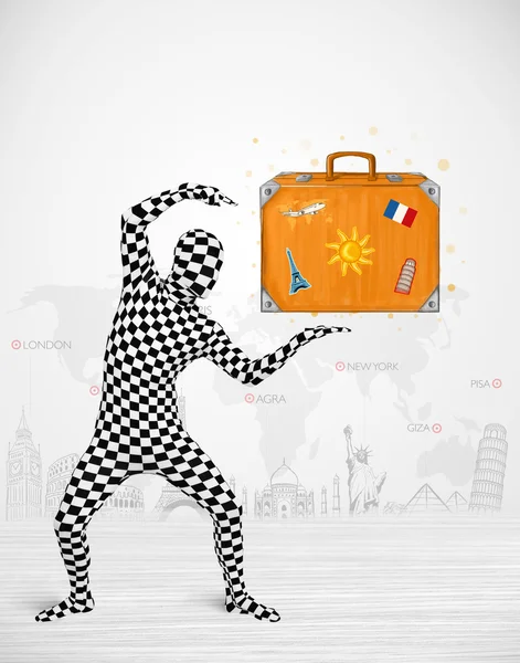 Man in full body suit presenting vacation suitcase — Stock Photo, Image